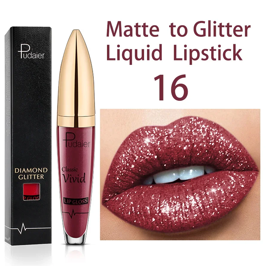 Pudaier Glitter Velvet Matte Lip Gloss Waterproof Long Lasting Red Black Liquid Lipsticks Makeup Sexy Shiny Lip Tint Cosmetic