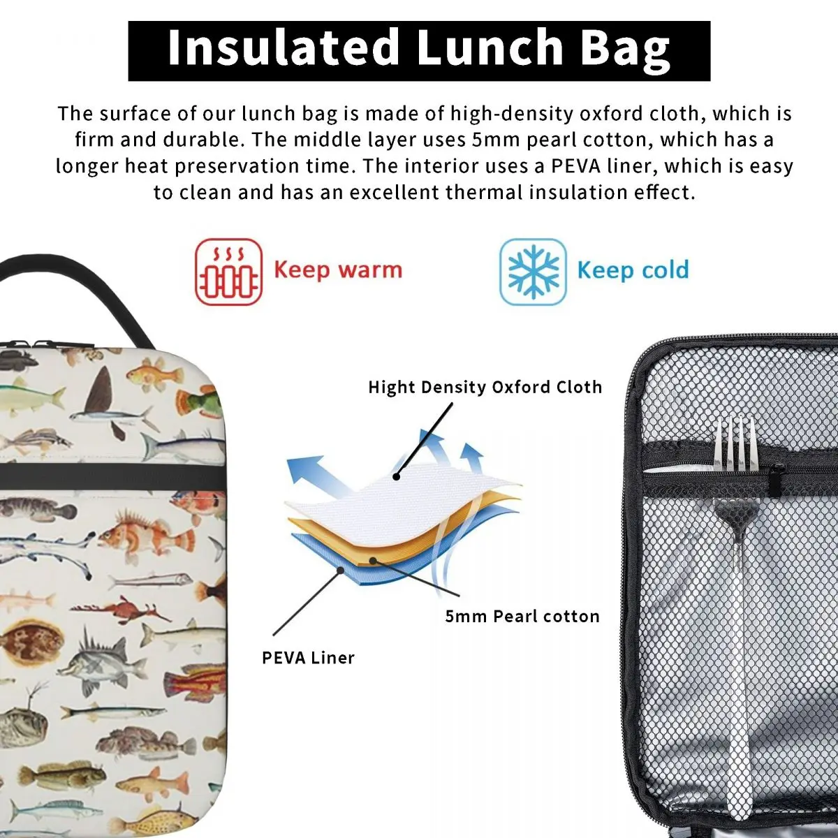 Fish Chart Insulated Lunch Bag for Women Children Portable Food Boxes Thermal Lunch Box Tote