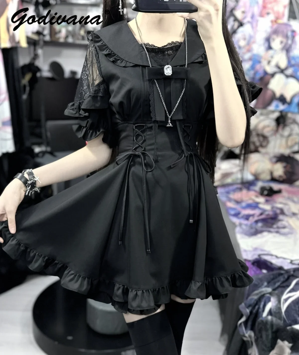 Japanese Mine Lace Patchwork Sailor Collar Short Sleeve Waist-Controlled Black Dress Shirt and Shorts 2 Peice Set Sweet Outfits