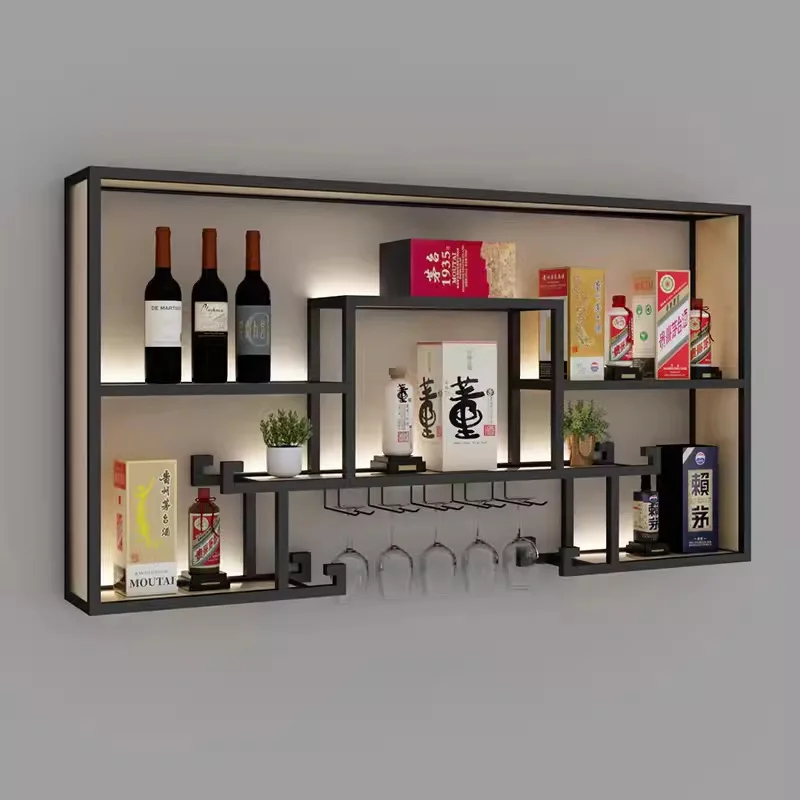 Household wine rack, wine cabinet, wrought iron shelf, decorative display rack, commercial Chinese creative wall hanging wine gl