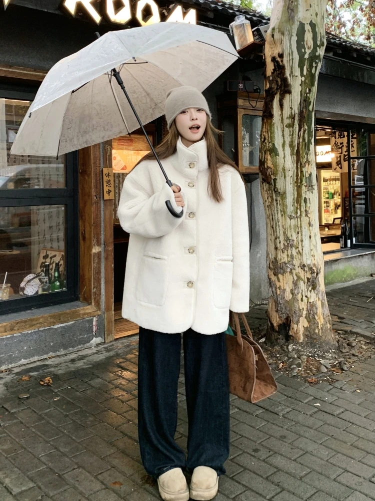 เสื้อคลุมบุขนแกะสำหรับผู้หญิง ฤดูใบไม้ร่วง ฤดูหนาว หนังผสมขนสัตว์ ความยาวปานกลาง สวมใส่ได้สองด้าน