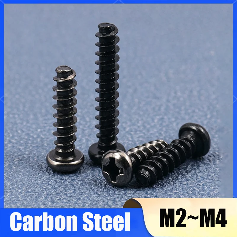50-500Pcs Black Zinc Plated Steel M2 M2.3 M2.6 M3 M3.5M4 Pan Round Head Self Tapping Wood Screw Tail-Cut Phillips Cross Recessed