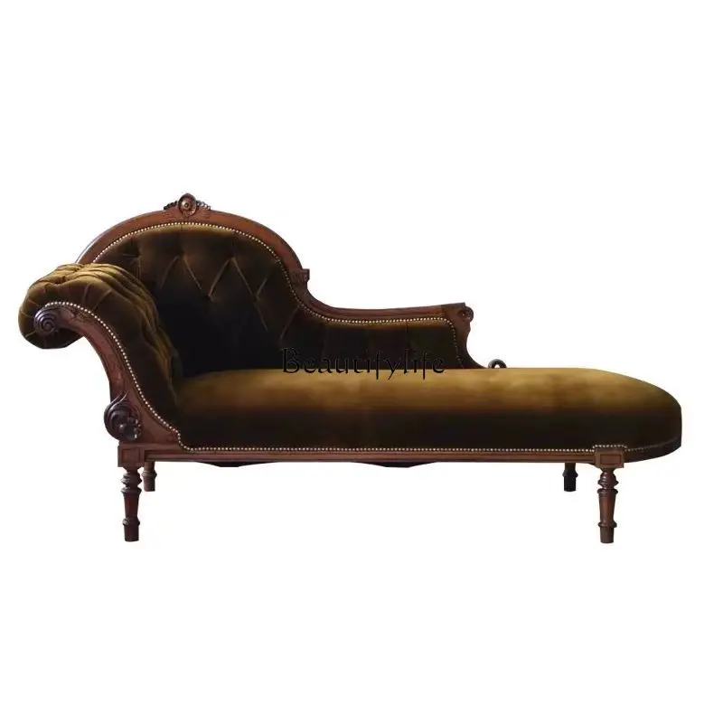 

American rural retro solid wood concubine sofa French carved living room recliner