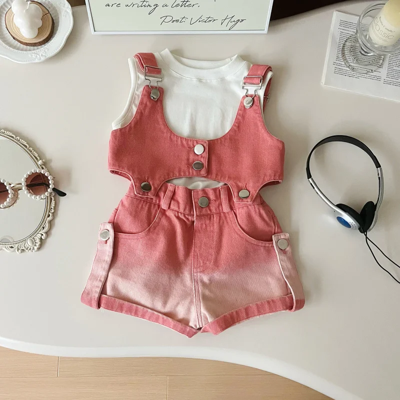 

Girls' Stylish Outfit New Summer Korean Style Denim Strap Short Sleeve Shorts3Fashionable Three-Piece Set