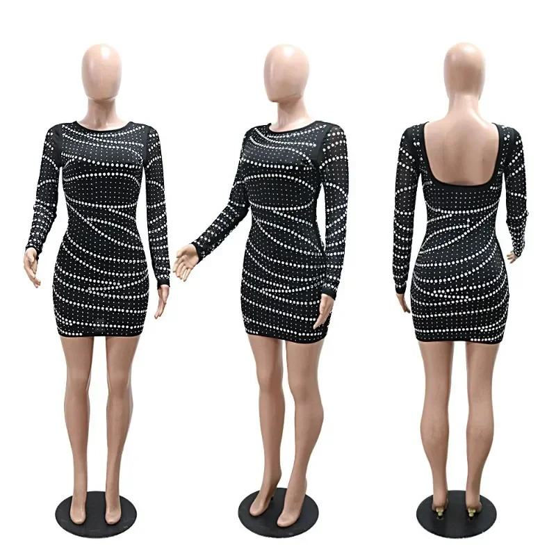 GUWU تسلق الماس الساخن الراين الياقة المدورة طويلة الأكمام Bodycon المرأة فستان الخريف مساء نادي مثير فساتين الحفلات الصغيرة