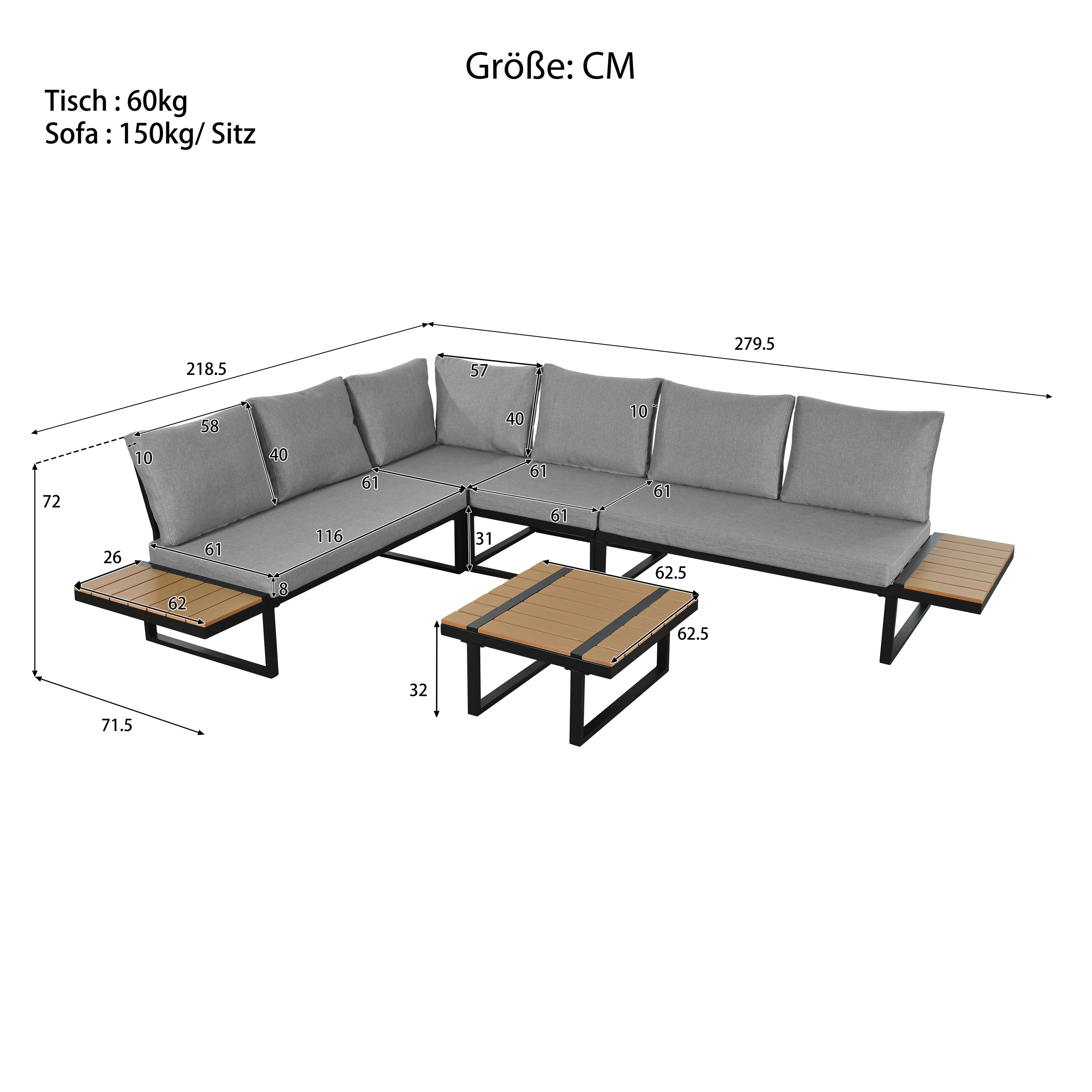 Tuinmeubelset, om te bouwen tot 2 relaxbedden, hoekpositie, tafel met bijzettafel, buitenbank. Tuinbank