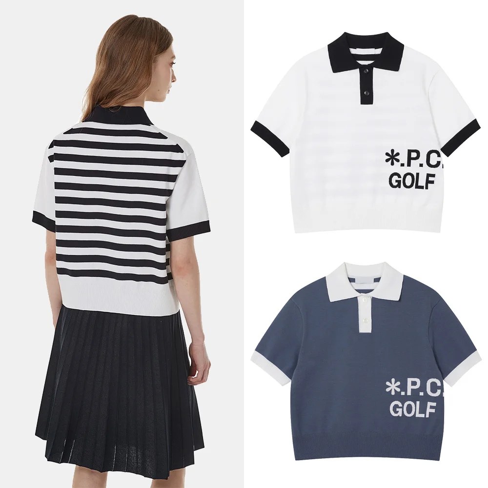 

Spor Faion Ladies' Knitted ort Sve Golf T-irt High-End Simple Design Ba Stripe Brand Commute Sle Regular Length