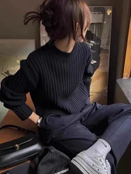 Ladies' Short Knitted Sweater Black Retro Lazy Japanese Style Fall Winter Soft Inner Wear Base Layer Top Commute Fashion