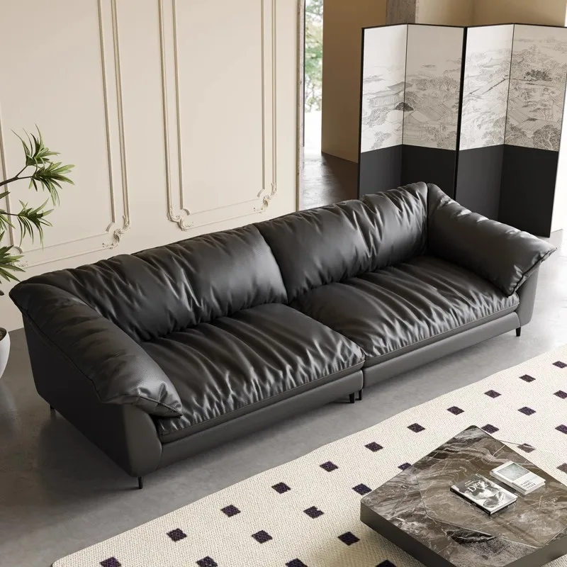 

Italian minimalist leather sofa modern simple villa living room size straight row high-end down leather sofa