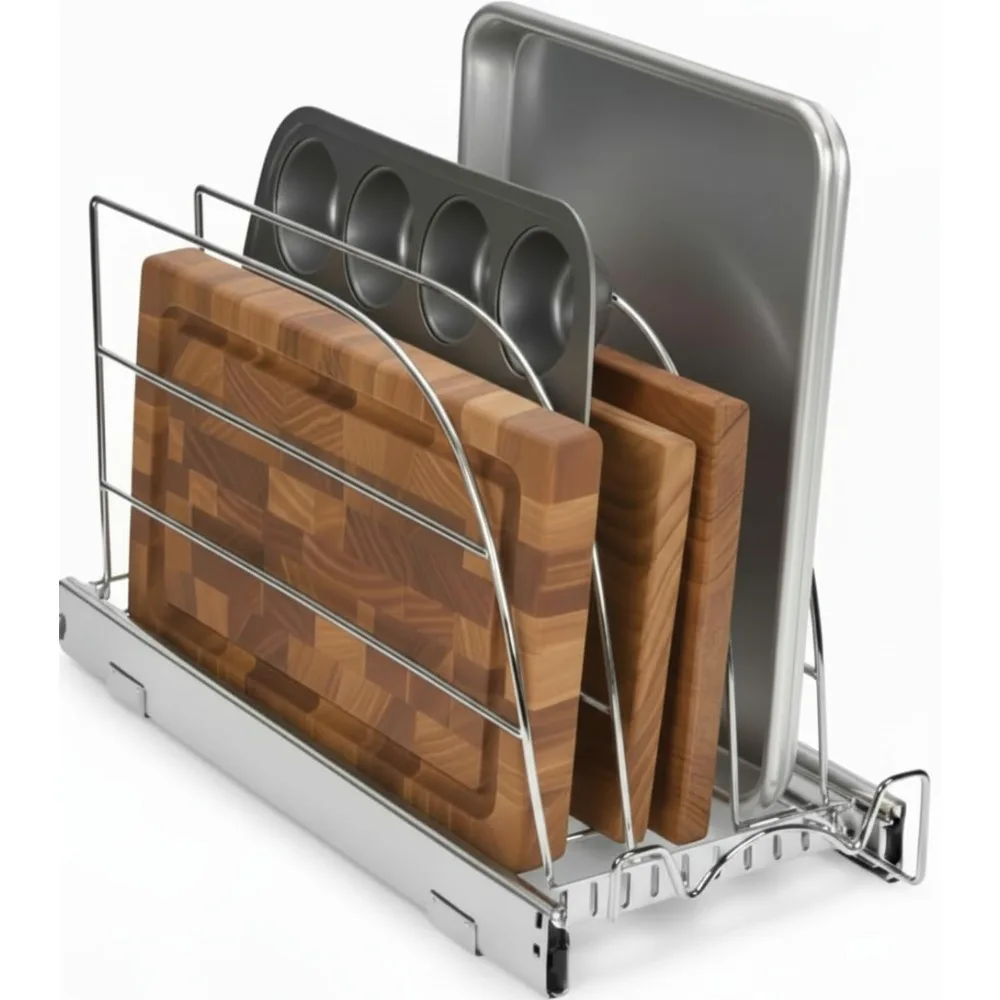 

Выдвижной кухонный органайзер для формы для выпечки и разделочных досок, регулируемые перегородки, прочная хромированная стойка для узких шкафов