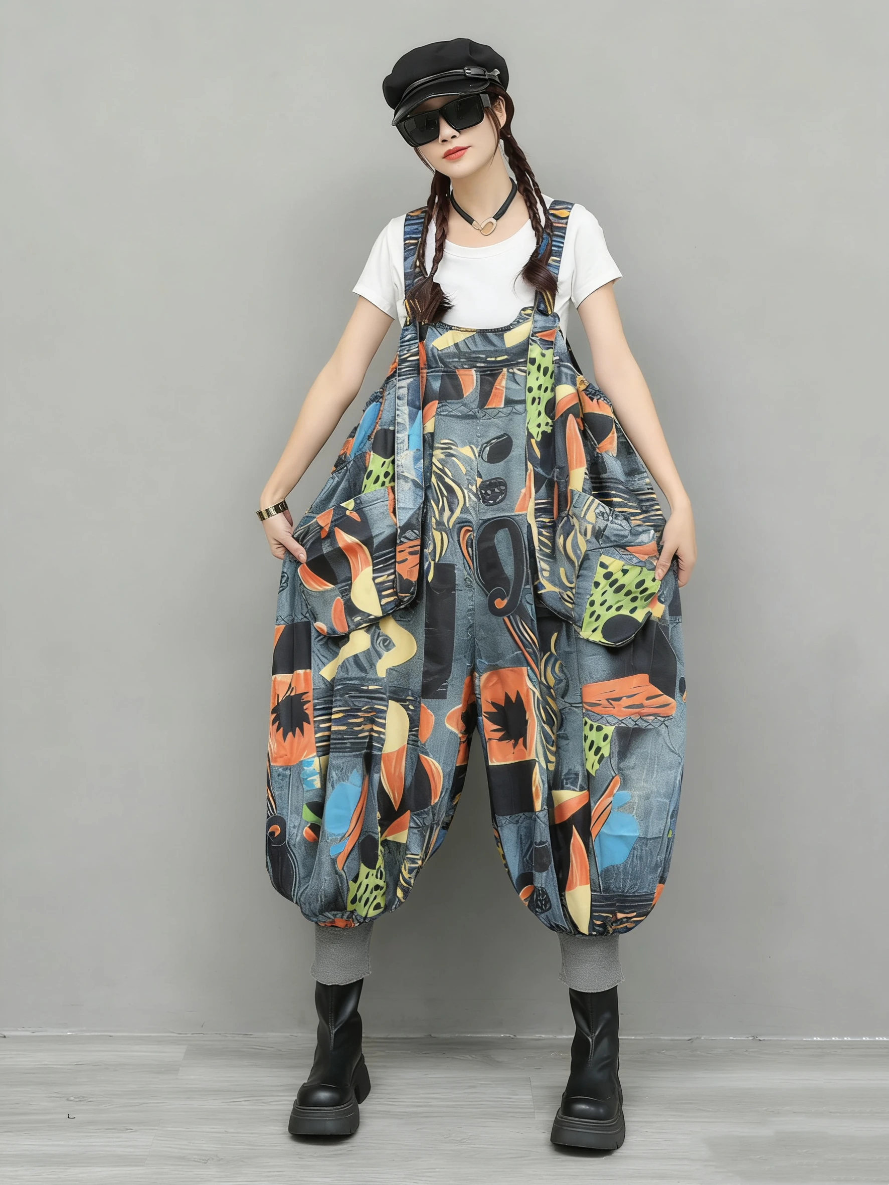 

Стильные женские джинсовые комбинезоны с принтом, высокой талией и широкими штанинами, весенние, свободные, модные, повседневные, в стиле карго, с эффектом потертости