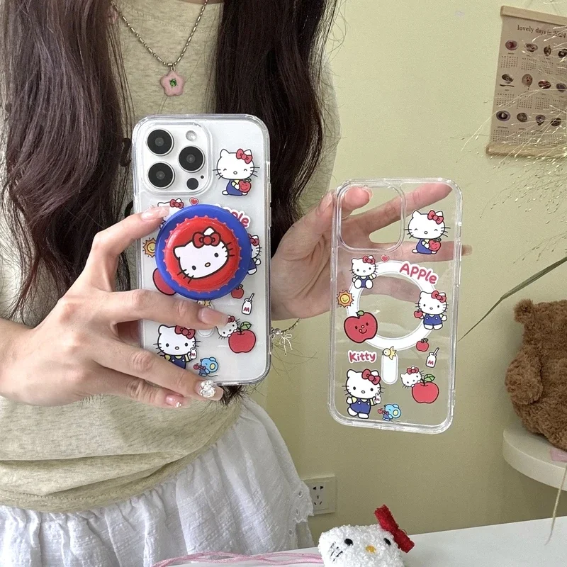 Cute Sanrio Hello Kitty Magnetic Wallet Bracket Magsafe Wireless Charge Phone Case For iPhone 16 15 14 13 12 11 Pro Max Cover