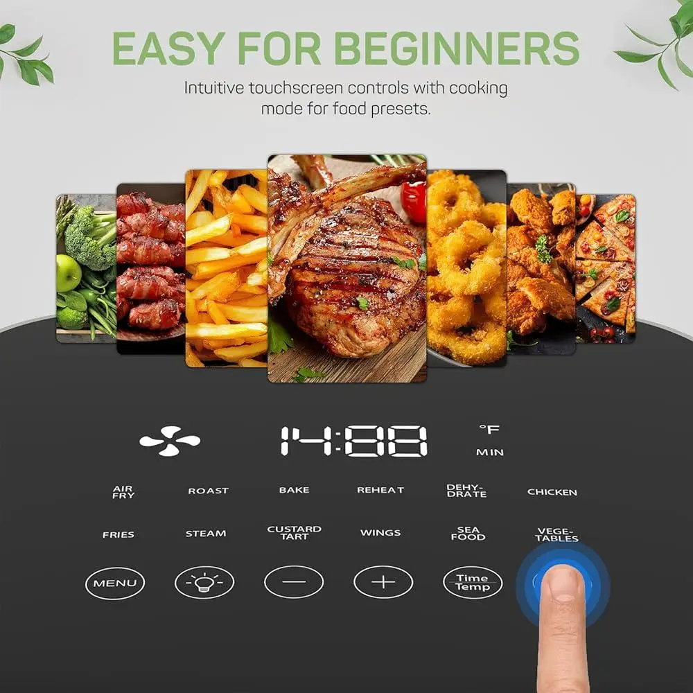 6QT Air Fryer 12in1 Functions with Viewing Window Healthier Cooking 95% Less Oil 400F Max Temperature Fries Chicken Bake Steam