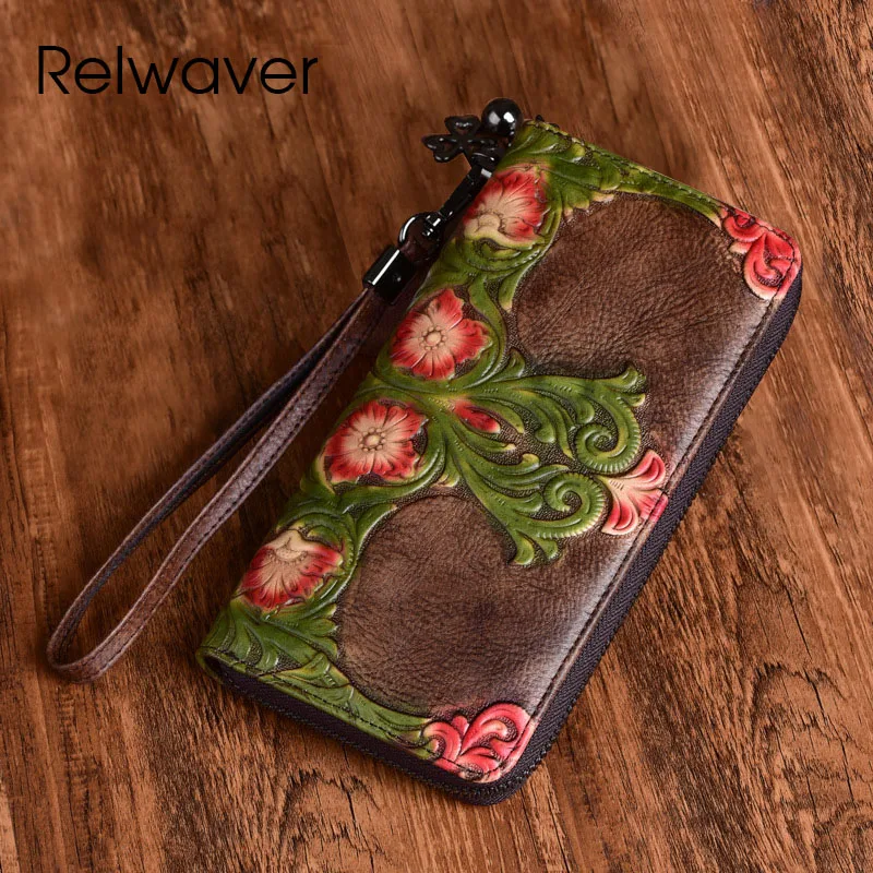 

Relwaver women wallet genuine cow leather long zipper Chinese style floral embossing manually brushed color 2024 clutch purse