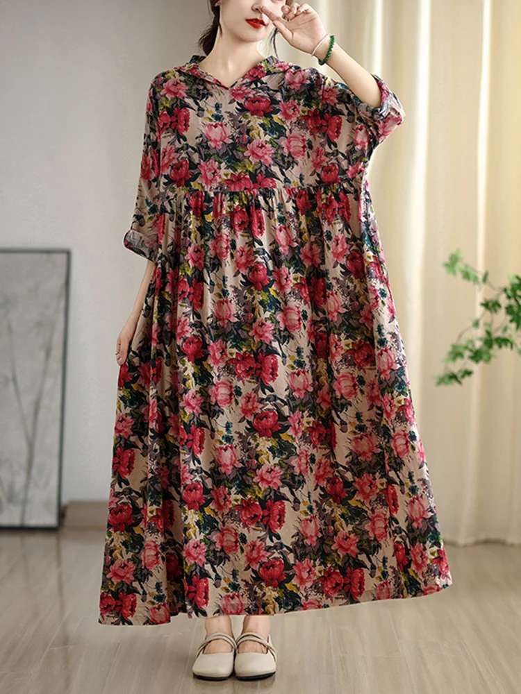 2025 outono novo com capuz manga longa vintage floral impressão vestidos longos para mulheres casual solto elegante vestido femme robe roupas