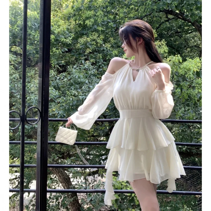 French Style White Dress Women\'s Summer Fitted Waist Sweet Short Skirt Cut-out Ruffled Design Cake A- line Skirt