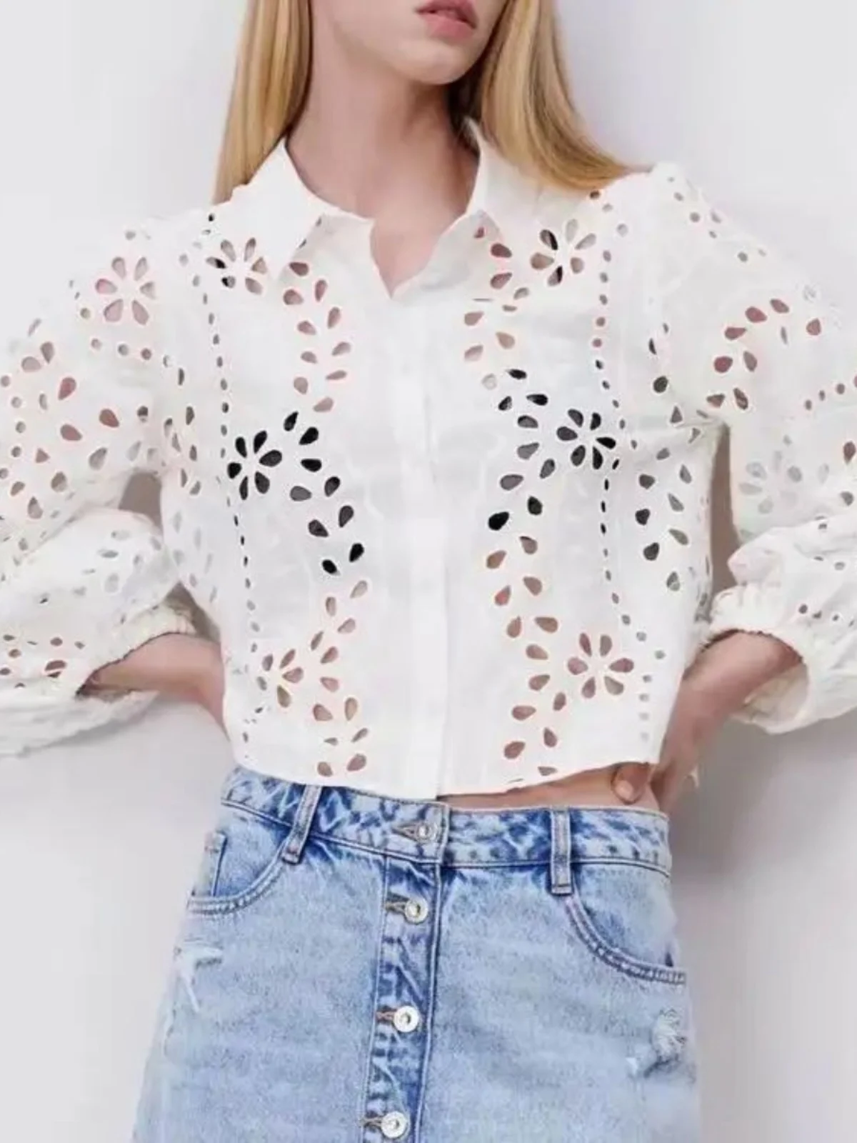 

Long Sleeve Hollow out Lapel Shirt Women's Street Style Polyester Bubble Sleeve Printed Casual Shirt European And American Fa...