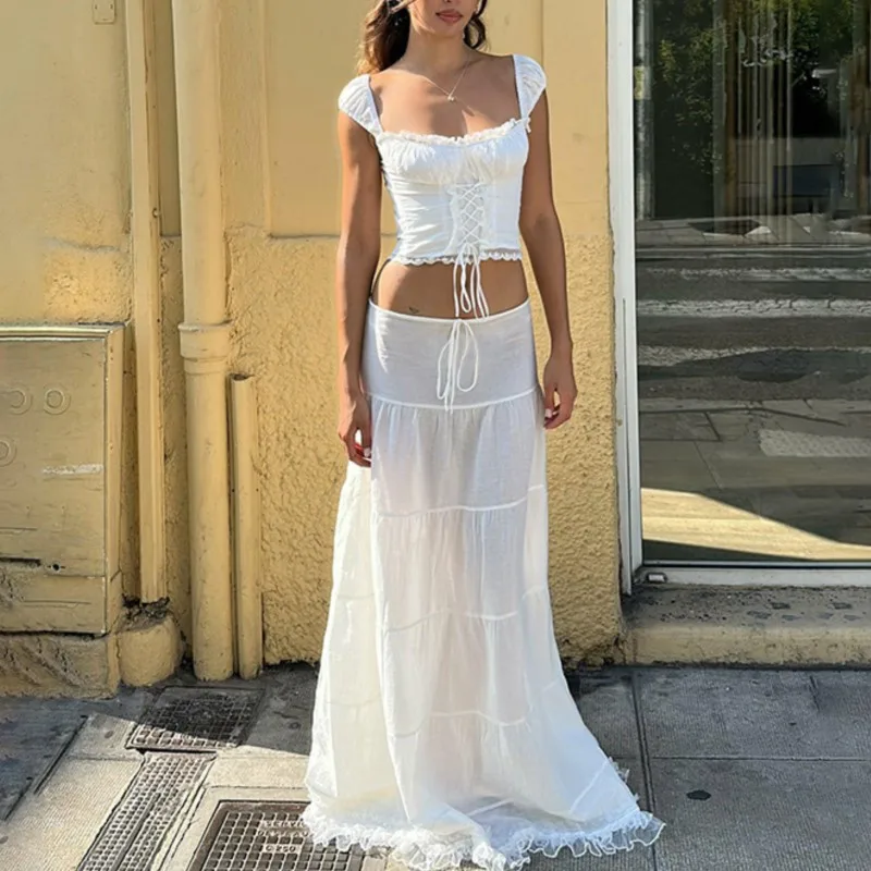 

Square Neck Lace Trim Crop Top Low-waist Draw-string Long Skirts 2 Piece Set Women Summer Cross Tie Strap Vest Slim Skirt Set