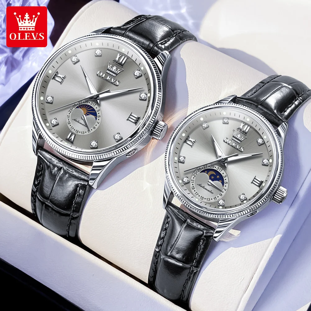 OLEVS Paar Uhren Top Marke Mode Original Uhr für Liebhaber Wasserdicht Mond Phase Seine und Ihn Armbanduhr Automatische Mechan