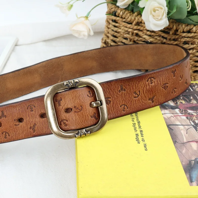 女性のファッション手作り本革ベルトトップレイヤー牛革パーソナライズされたパターン多用途ジーンズ銅バックルカジュアルベルト