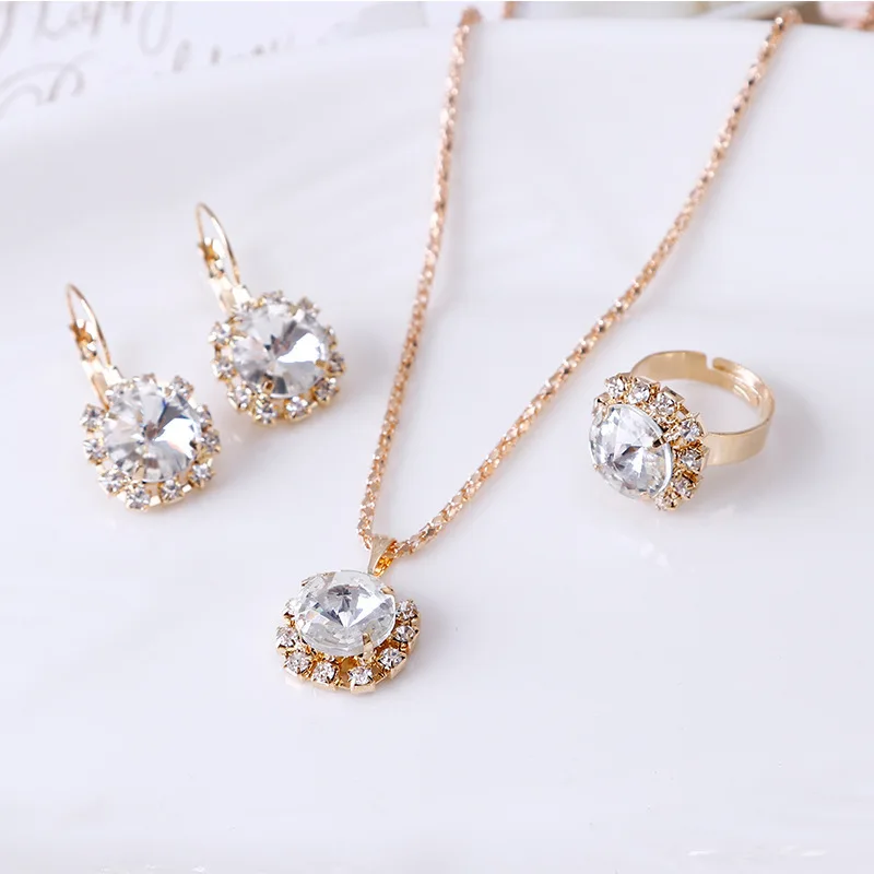 Fashion Jewelry Set for Women Round Crystal Pendants Earrings Ring Sets Bridal Decoration Colorful Three Piece Gifts Conjunto