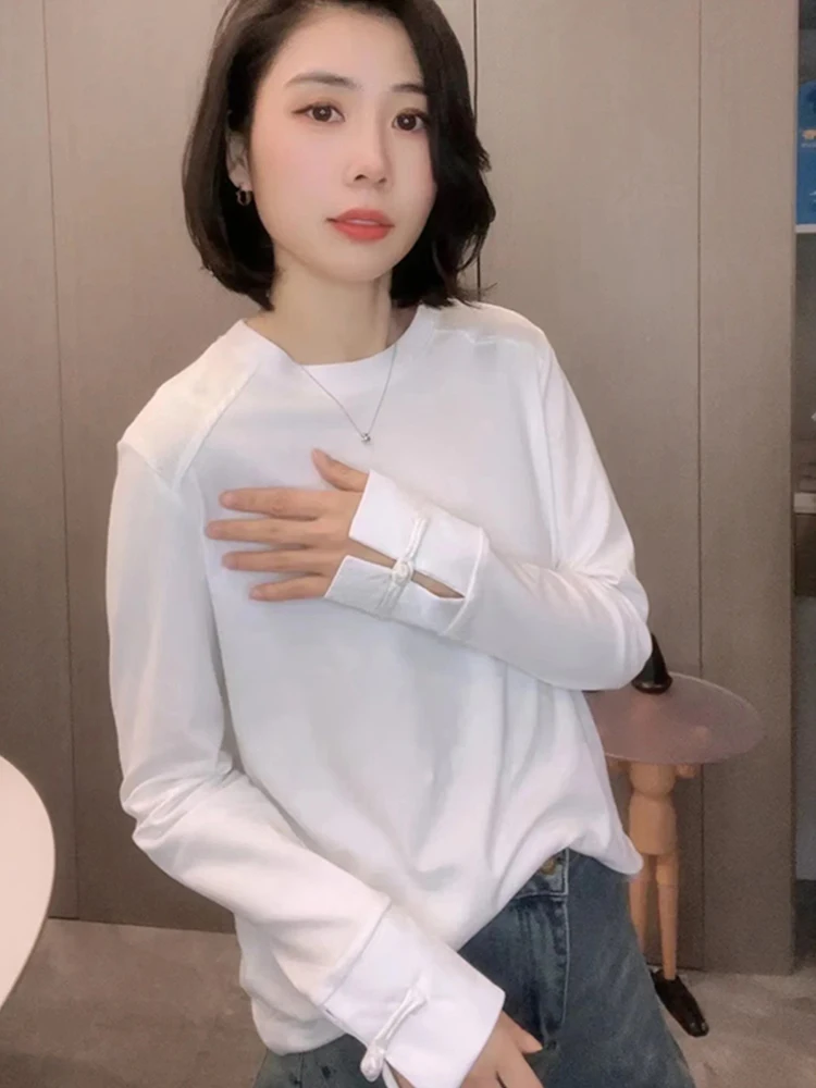 

New Chinese Sle Long Sve White T-irt Women's 2025 Spring Design Sense Splicing Inner Wear Base irt Top Button round ...