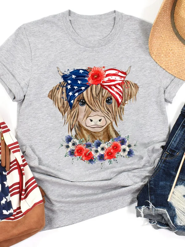 2024 Hot Sale Popular Independence Day Female Casual Shirt Cartoon A Calf with An American Flag Headscarf Print Women T-shirt