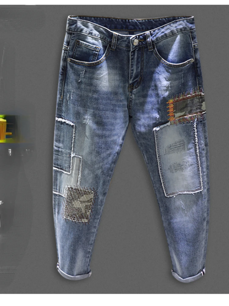 Autumn fashion new handsome personality retro patchwork jeans men's old patch holes Ripped jeans pants cargo pantalones hombre