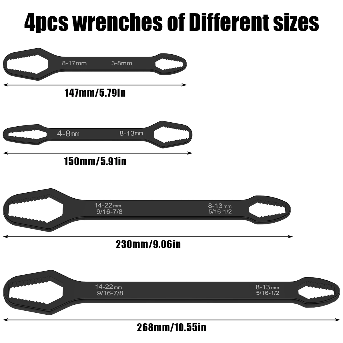 4Pcs Multifunctional Wrench Set Double-head Torx Wrench 5/16inch-7/8inch and 1/8inch-11/16inch Self-tightening Spanner Hand