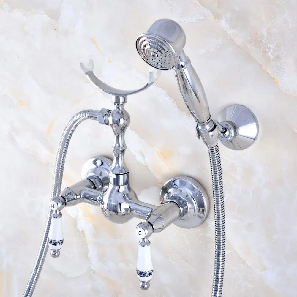 

Contemporary Chrome Brass Wall Mounted Bathroom Shower Faucet Set with 150CM Hose Handheld Spray Head Mixer Tap Dna740