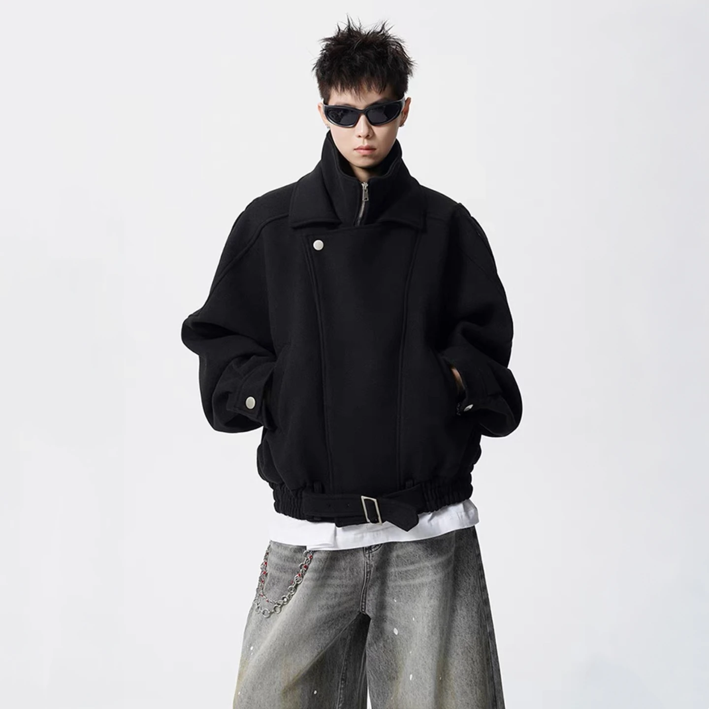 American Style Heavyweight Double Layer Short Woolen Jacket Men's Trendy Brand Deconstructed Collar Design Couple Workwear Coat