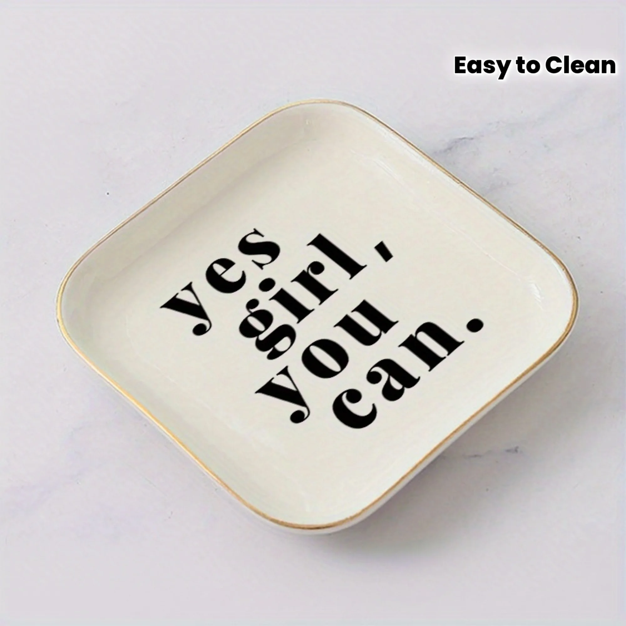 [Square Jewelry Tray] Golden-Trimmed Square Ceramic Jewelry Tray - Patterned Base, Easy to Clean & Stain-Proof, Jewelry Trays