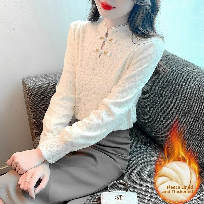 

Women's Long Sleeve Fleece Lined Lace Base Shirt Autumn Winter Thermal Inner Wear Button up Korean Style Slim Fit Bubble Sleeve