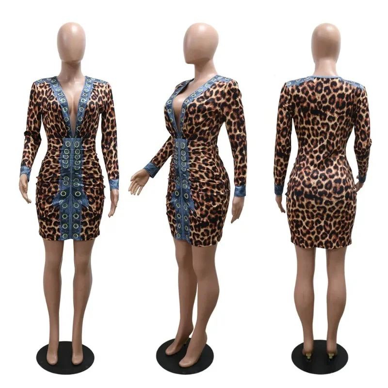 KEXU Vintage Women Long Sleeve V-neck Leopard Print Party Bodycon Dress 2024 Autumn Fashion Street Vestidos Sexy Dresses