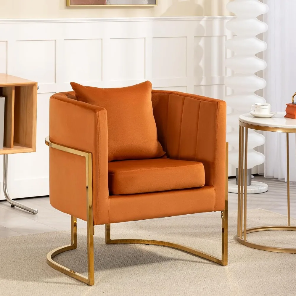 

​Set of 2 Velvet Accent Chairs: Mid-Century Barrel Armchairs with Pillows - Cozy Living Room Vanity Seating​