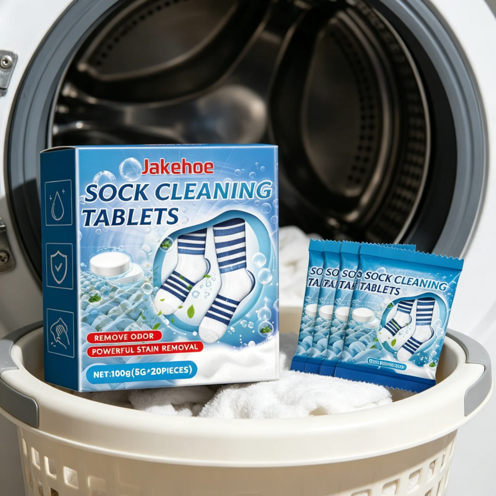 

Jakehoe Sock Cleaning Tablets Deep Cleaning Eliminate Odors Softening Fabric Convenient Individually Wrapped Sock Stain Remover