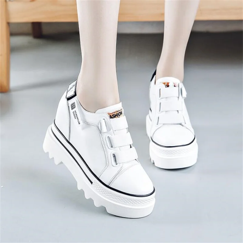 Women Platform 9cm Mesh Leather White Sneakers Shoes New White Wedge Vulcanize Shoes Hidden Heel Breathable Female Casual Shoes