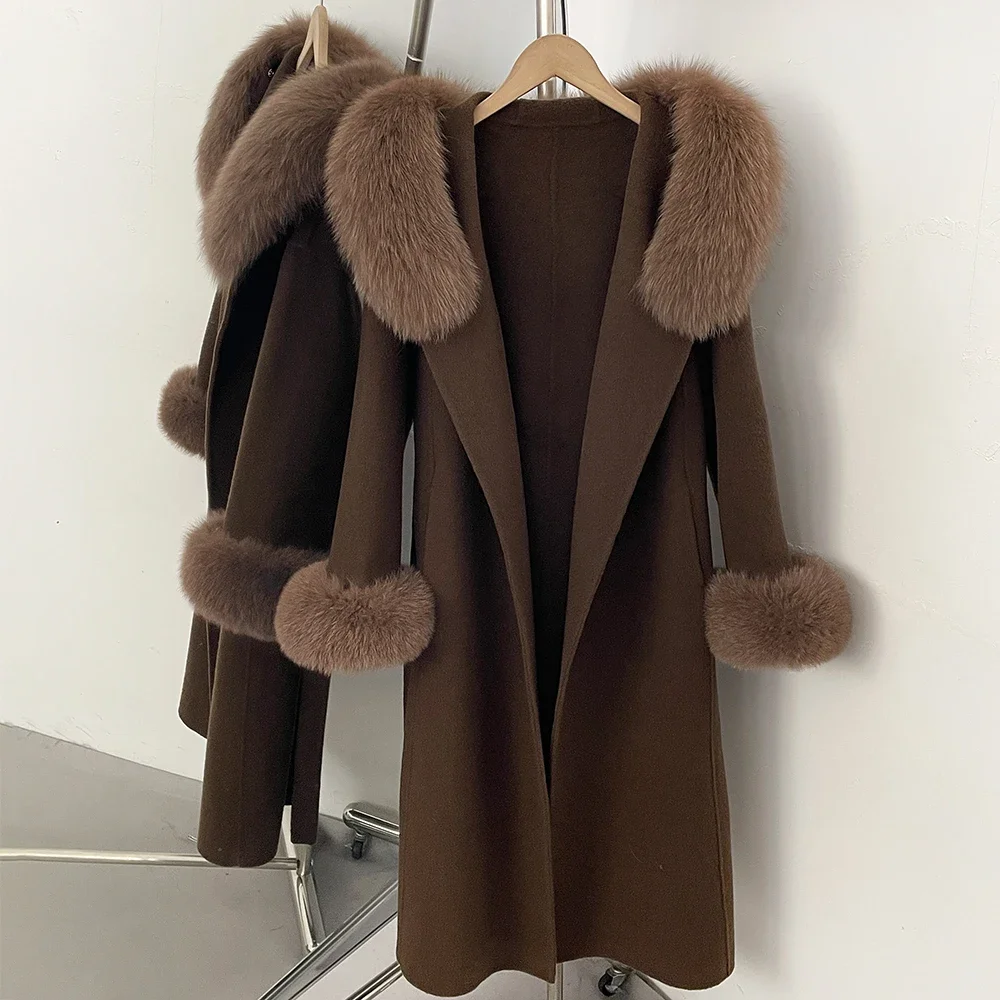 OFTBUY New Winter Warm Hood Solid Woolen Overcoat for Women Long Wool Blend Coat Women Real Fox Fur Belted Waist Jacket Female