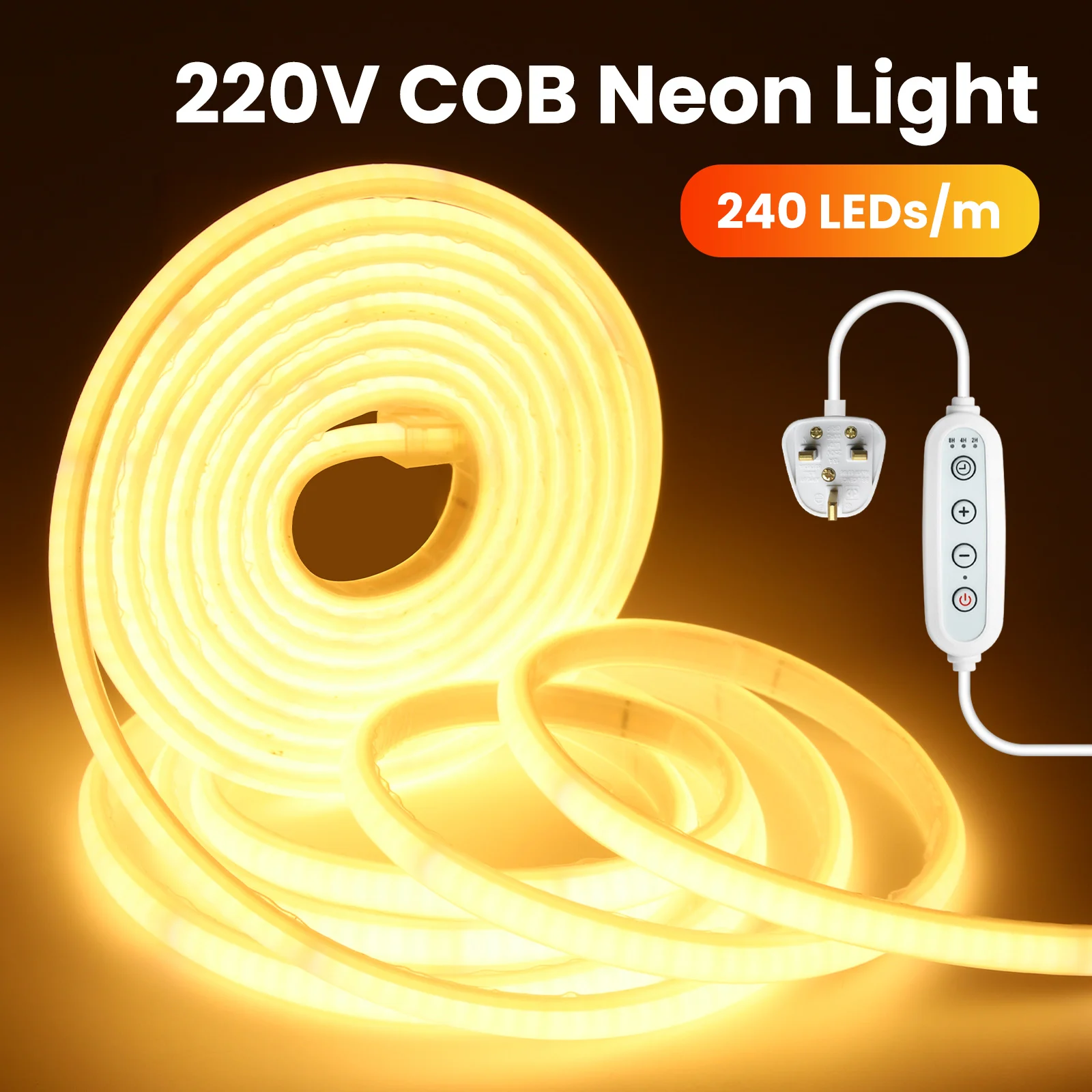 220V COB LED Strip 240LEDs/M High Density Flexible Ribbon Kitchen Cabinet Lamp 3000K 4000K 6000K Waterproof Tape with Switch