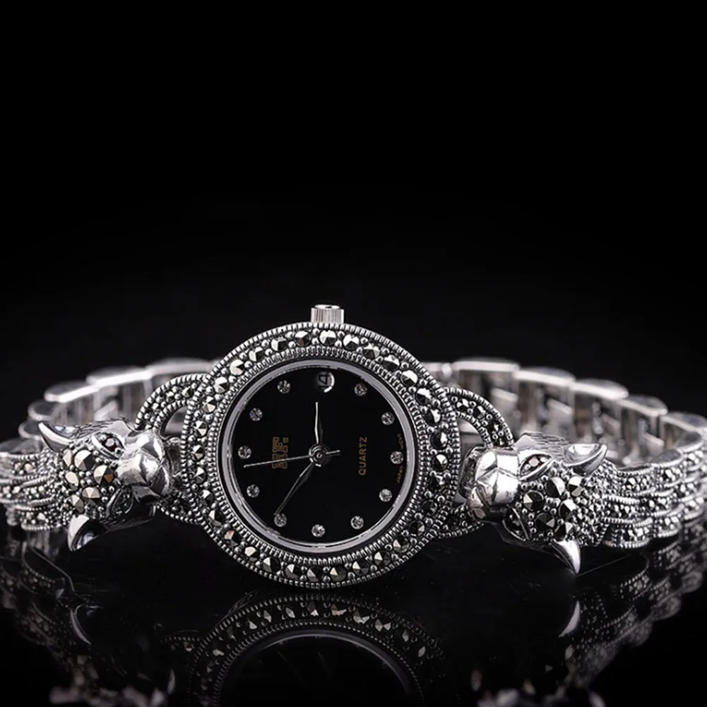Solid 925 Sterling Silver Thailand Silver  Marcasite Luxury Wrist Watches Leopard Bracelet Women's Quartz Watches Fine Jewelry