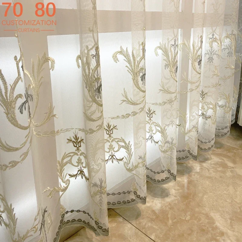 

European Blue Carved Printed Flannelette Patched Curtains for Living Room Bedroom French Window Customized Villa Valance
