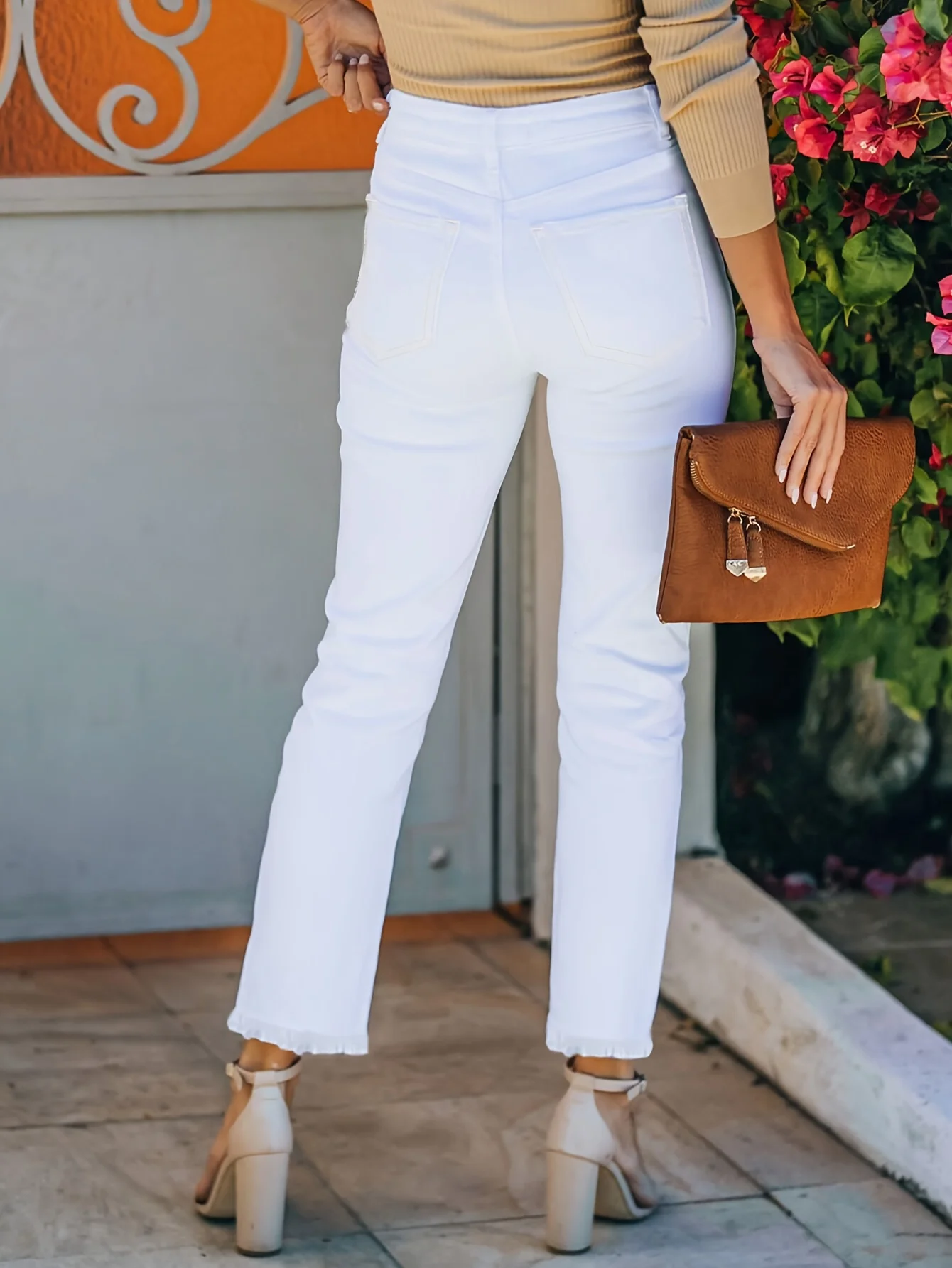 Reinweiße Slim-Fit-Hose für Damen, lässiger Stil mit Reißverschluss und Knopfverschluss