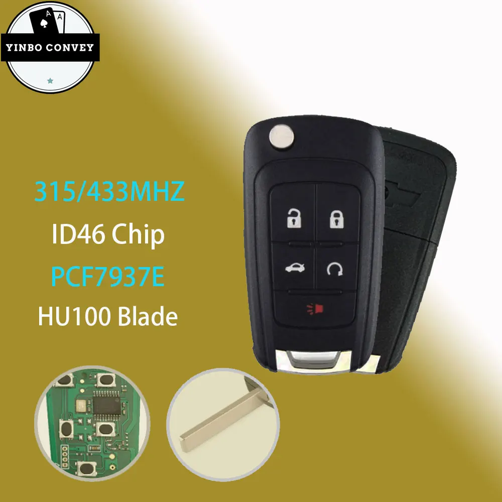 

YINBO 5 Buttons 315/433MHz PCF7937E ID46 Chip Remote Control Flip Key For Chevrolet Cruze Aveo Orlando 2010-2015 HU66 Blade