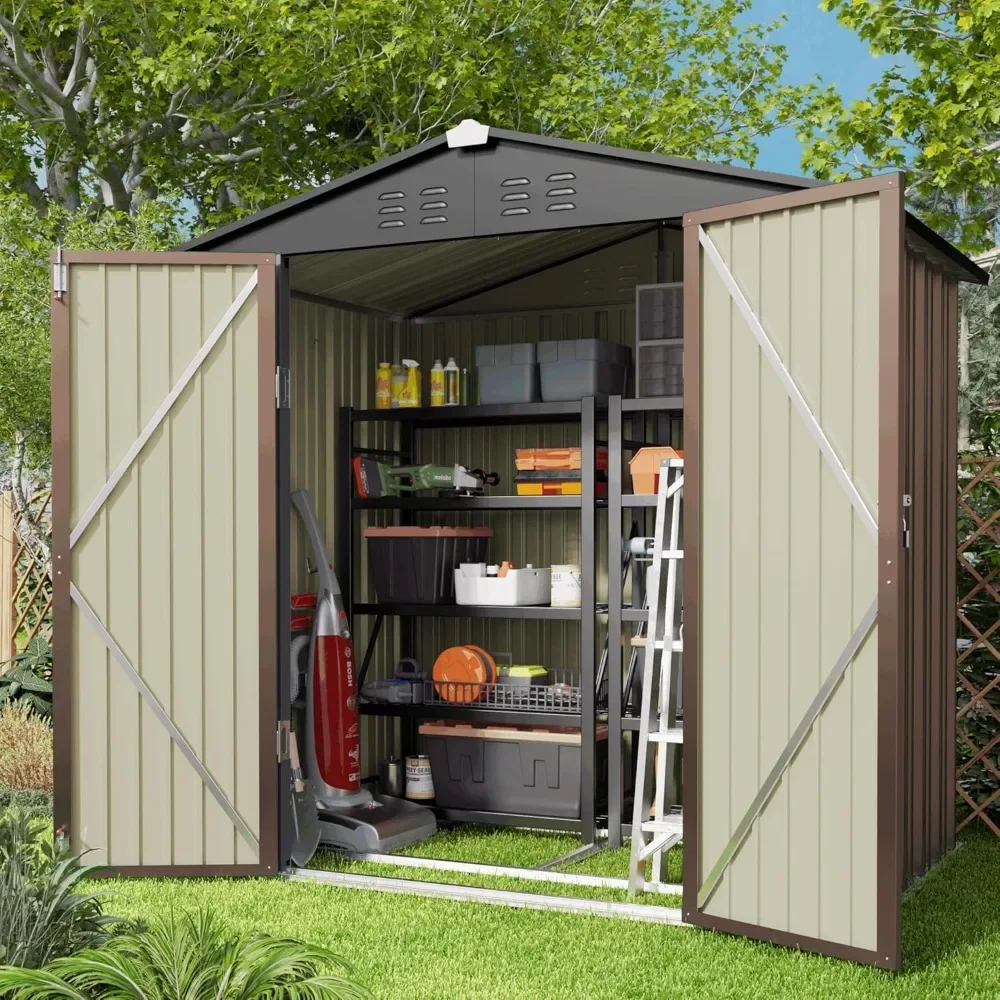 

Outdoor Storage Shed 6 x 4 FT, Galvanized Metal Garden Shed with Double Lockable Doors, Light Brown