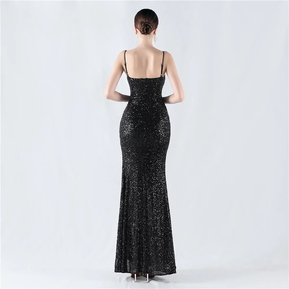 Women's Spaghetti Formal Dresses High Side Split Elegant Evening Gown for Women Long Sequins Dress