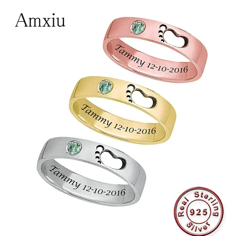 Amxiu Personalized 925 Sterling Silver Rings For Women Mother Gifts Custom Baby's Name Birthday with Birthstone Ring DIY Jewelry