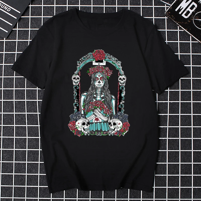 Santa Muerte T Shirt Men Women Lady of Holy Death Mexican Skull T-shirt Graphic Tee Tops Short Sleeve Streetwear Fashion Shirt