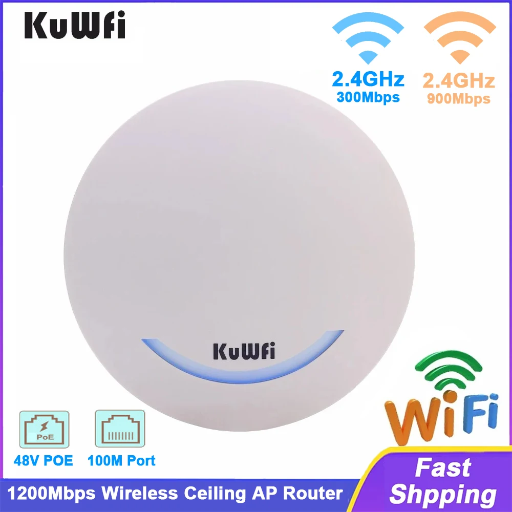 KuWFi 1200Mbps 2.4G 5.8G Dual Band Wireless WiFi Router Ceiling AP Router Wi-Fi Access Point 100Mbps RJ45 Port Support 48V POE