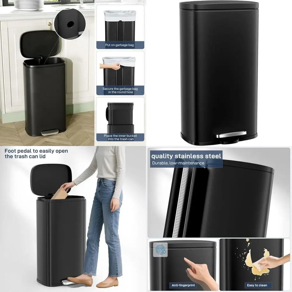 

50L Black Stainless Steel Trash Can with Removable Plastic Bin and Soft-Close Lid for Kitchen and Home Use