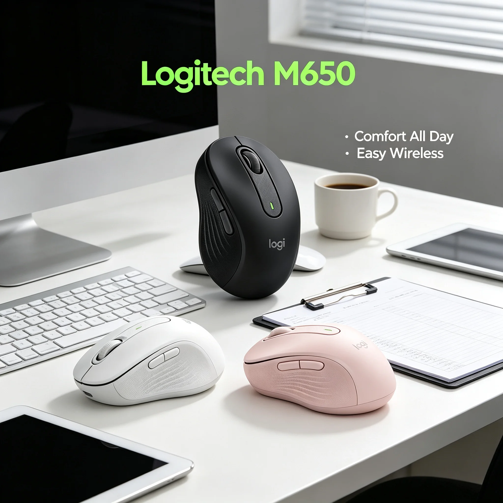 Logitech Signature M650 Comfort Ergonomic Wireless Mouse Reduce Click Noise for Quiet Office Desktop Working